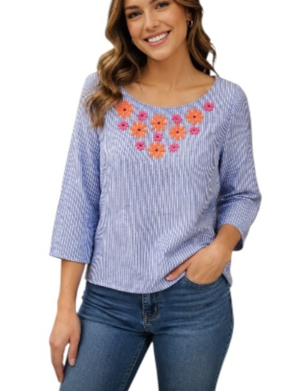 Vineyard Vines Blue Striped Tunic with Orange & Pink Floral Embroidery-NWT